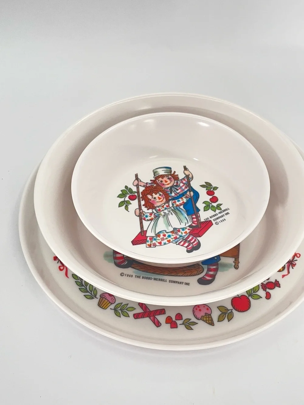 Vintage Oneida Deluxe Raggedy Ann & Andy 3 Pc Melamine Dinner Set 1969